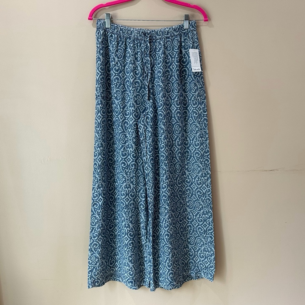 NWT Splendid Women’s m Angie Indigo Palazzo Pants Wide Leg Blue Printed Coastal